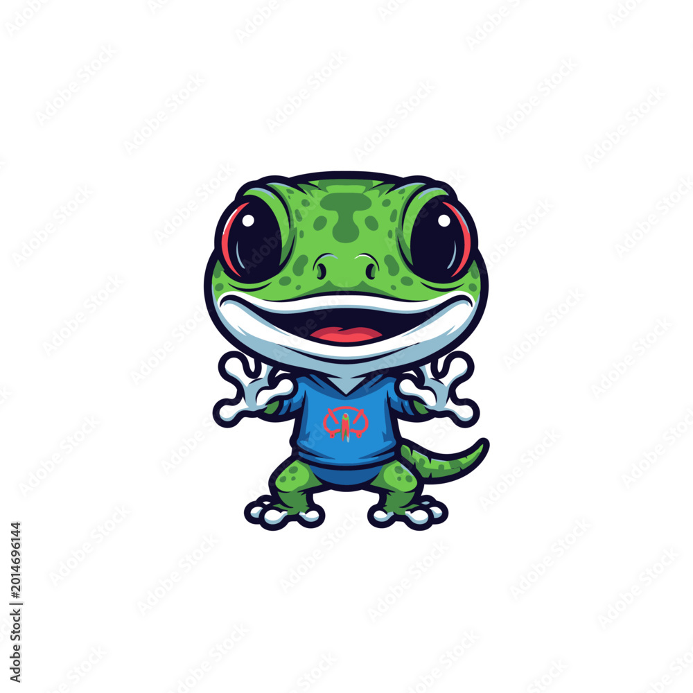 Obraz premium Cute cartoon gecko character mascot illustration wearing a blue hooded sweatshirt with a logo, featuring large black eyes, green spotted skin, and a wide smile, isolated on white background.