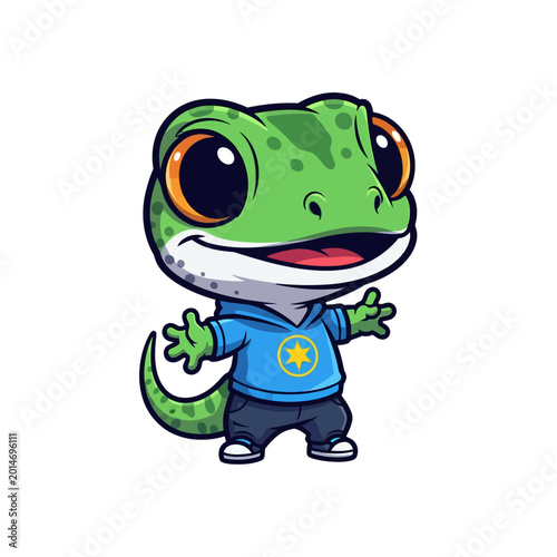 Cartoon gecko character wearing a blue hooded sweatshirt with a yellow star icon and dark trousers, green lizard mascot with big orange eyes isolated on a white background.