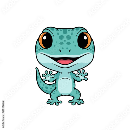 Cartoon illustration of a cute teal gecko character with large orange eyes and dark green spots, standing on four legs with suction-cup toes isolated on a white background.