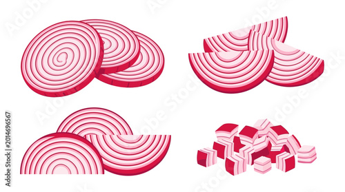 Cuadro en lienzo A vibrant arrangement of sliced onions showcases their concentric white and red rings on a clean surface for a food illustration