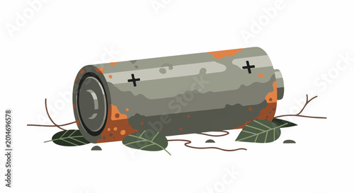 A corroded battery lies amongst scattered leaves and twigs