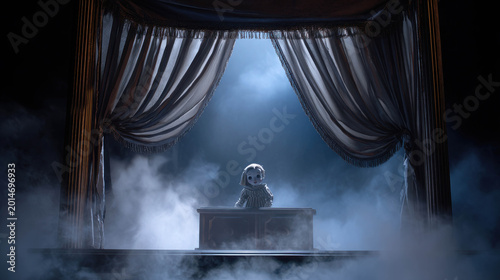 A small doll in a dark theatre with curtains, a spooky and atmospheric scene. A ghostly ambiance with smoke and a spotlight adds drama.