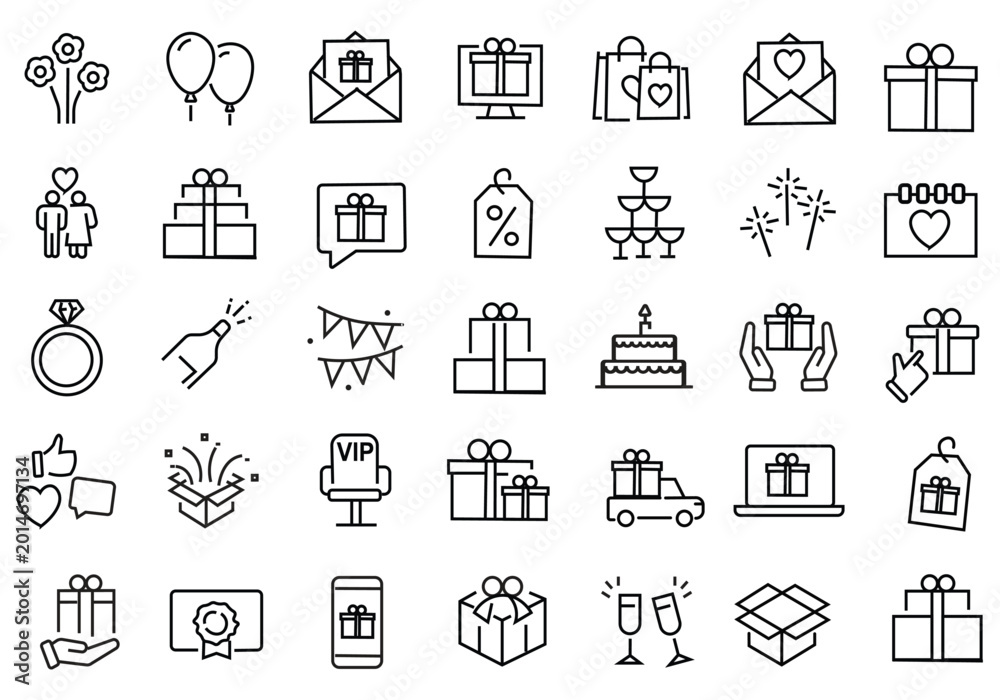 Naklejka premium Set of Party & Event web icons in line style. Birthday, dancing, happy new year, week, christmas, entertainment, invitations, wedding, event, holidays, carnival, collection. Vector illustration.