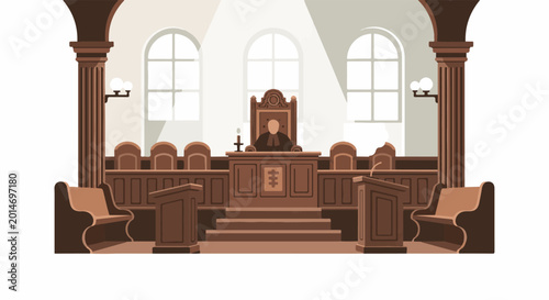 A courtroom scene with a judge's bench, jury box, and witness stand