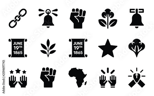 Photos Juneteenth icon set featuring fist chain bell plant star and freedom symbols on