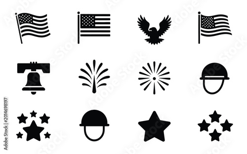 Foto Patriotic symbols including flags eagle liberty bell fireworks stars and helmet