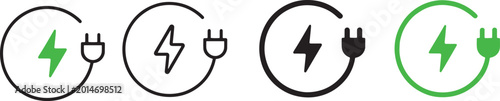 Set of electric plug and lightning bolt icons representing energy and power with energy saving electricity lightning technology renewable sustainable connection electric