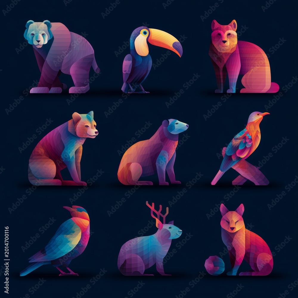 Fototapeta premium Colorful animal illustrations show various species on a dark background with geometric shapes representing them