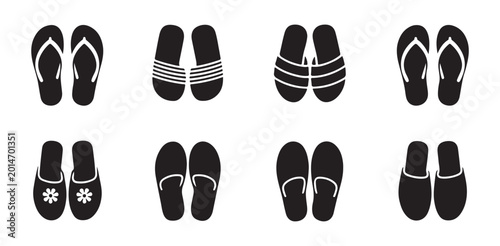 Foto Set of black flip flop sandals icons on white background art.