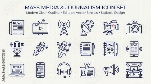 Mass media and journalism icon set with modern clean outline and editable vector strokes for scalable design