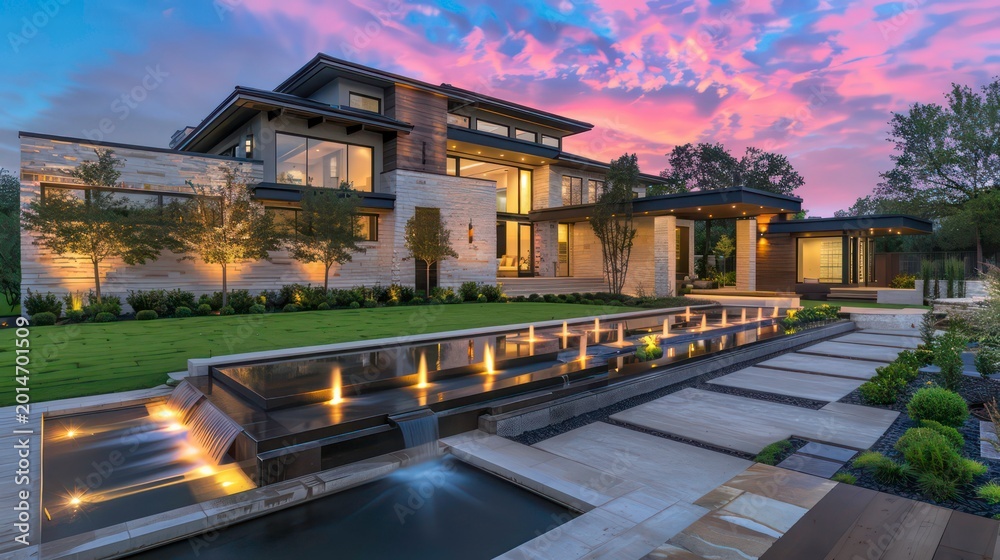 Obraz premium Modern home with a water feature and a beautiful sunset sky.