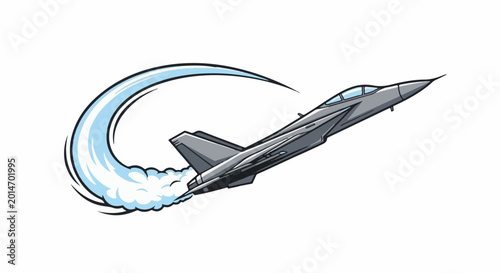 Fotografia A stylized jet fighter streaks across a white background leaving a blue contrail