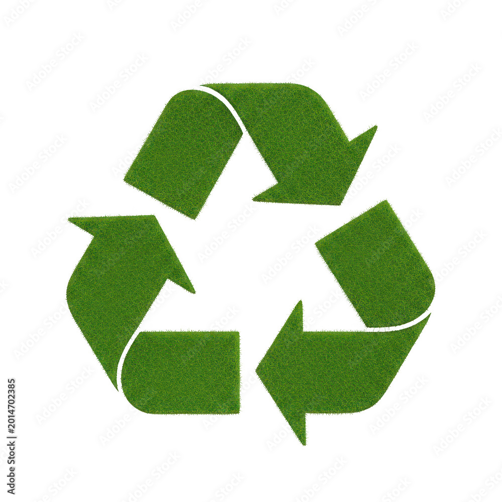 Fototapeta premium Green grass texture recycling symbol isolated on a solid black background