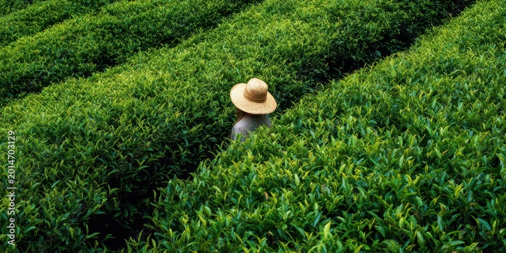 Naklejka premium The tea picker immersed in lush green tea plantation rows under bright natural light