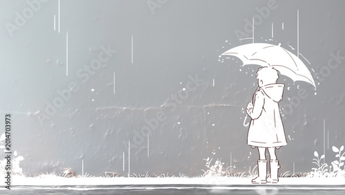 雨の中傘をさして立つ子供の後ろ姿のイラスト