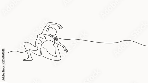 Animated self drawing of continuous line draw of Young happy woman doing yoga, Minimalist one line drawing animation of a woman performing yoga  pose demonstrating strength flexibility,
