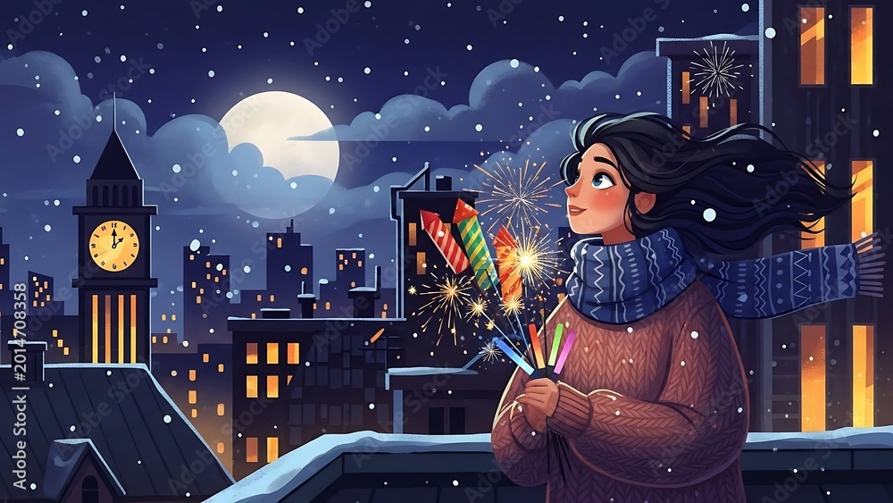 Fototapeta premium Woman looking out at snowy city.