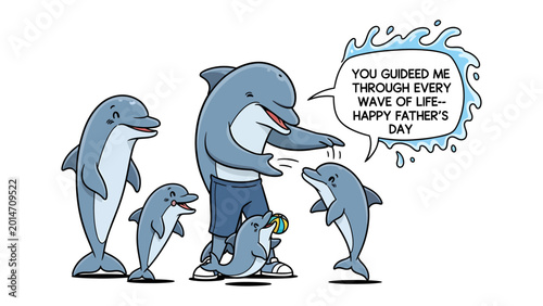 Foto Dolphin Father's Day Illustration: A heartwarming illustration depicts a dolphin family celebrating Father's Day, with a father figure guiding his offspring through the waves of life