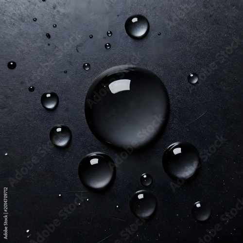 Large and small clear water droplets on dark surface closeup transparent background