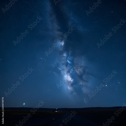 Milky way galaxy on a clear night sky over a deserted road landscape scene transparent background