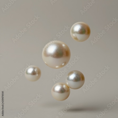 Five shiny white pearls floating in mid air on gray background transparent background
