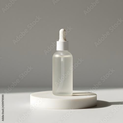Glass dropper bottle with white cap on white platform and grey background transparent background