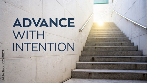 Inspirational image of a sunlit staircase symbolizing progress and motivation, conveying the message to advance with intention in life and career.