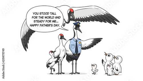Konstfotografi Father's Day Salute: An uplifting cartoon depicting a father crane, dressed as a police officer, standing tall and proud with his family, offering a warm message of love and gratitude