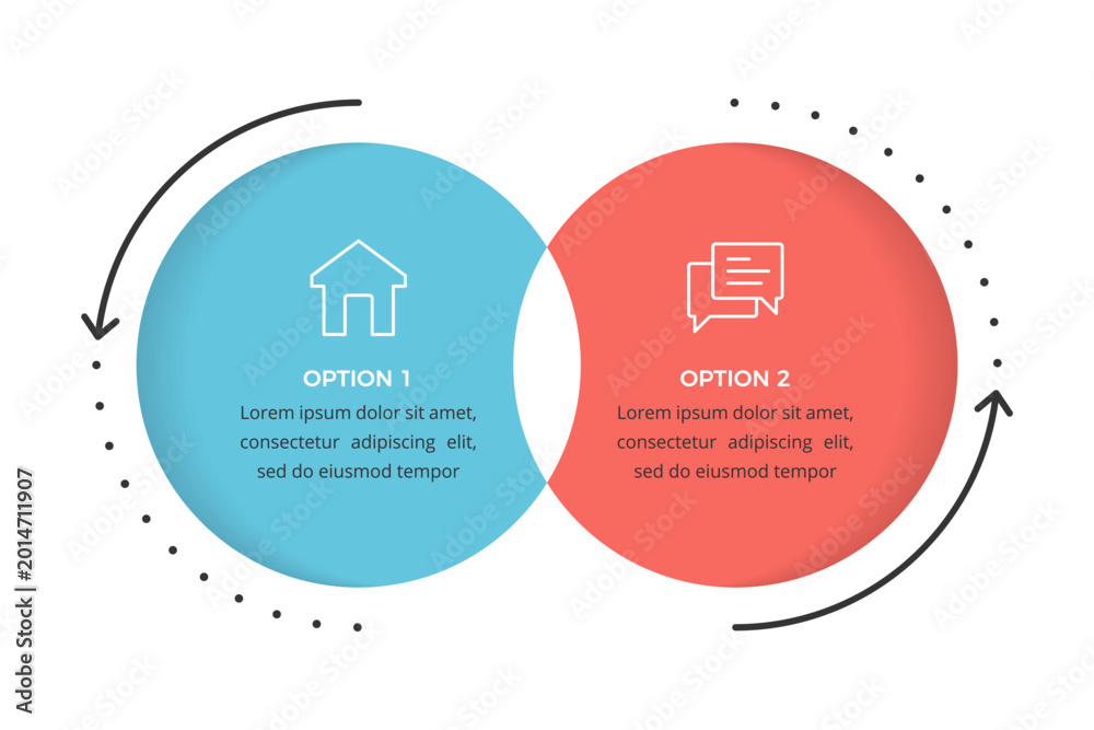Fototapeta premium Infographic template featuring two overlapping circles and curved arrows, venn diagram concept