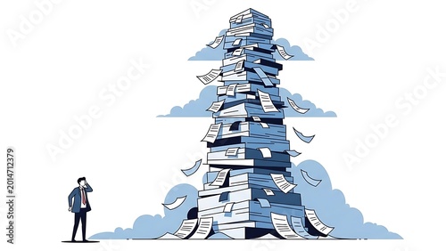 Overwhelmed businessman faces large paperwork pile.