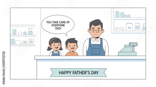 Obraz na płótnie Father's Day at the Store: A heartwarming illustration captures a father standing behind the counter, receiving a heartfelt message from his children during Father's Day