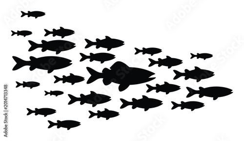 Bild auf Leinwand A school of black fish swimming in formation against a white background