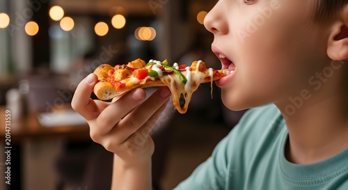 Young boy eating a slice of pizza in a restaurant