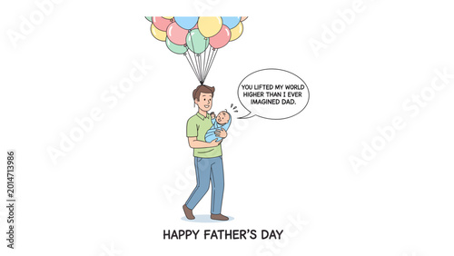 Cuadro en lienzo Father's Day Dedication: A tender illustration depicts a father, aloft with balloons, cradling his baby, a heartwarming tribute to fatherhood