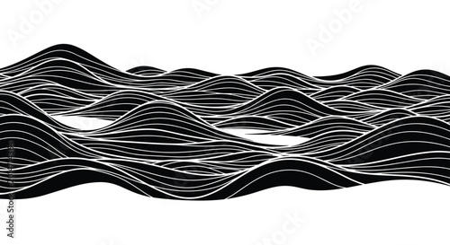 Abstract black and white waves pattern with topographic lines creating a modern and minimal fluid landscape texture for digital backgrounds.