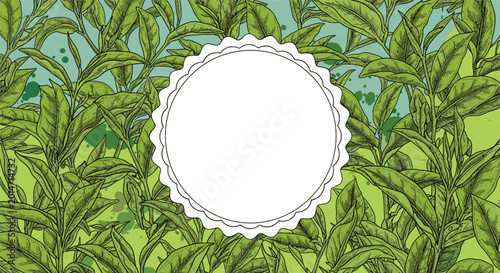 Vibrant background of green tea leaves and branches with a central white scalloped circular frame for custom text or logos.