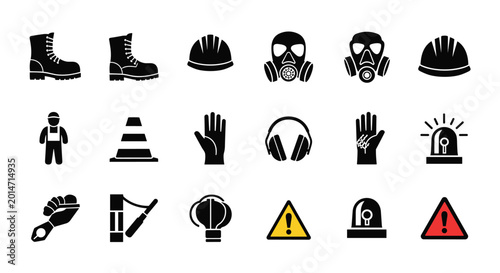 Comprehensive set of black and white work safety icons including protective gear warning signs and equipment for industrial environments.