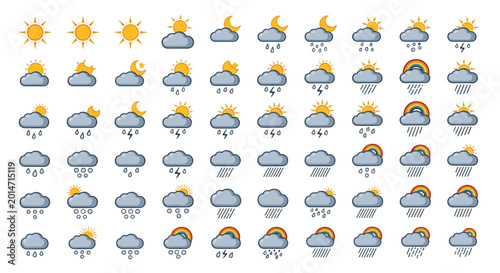 Extensive set of weather forecast icons featuring sun moon clouds rain snow and lightning for mobile apps and news reports.