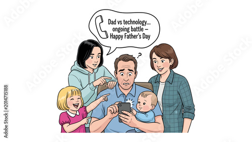 Canvas-taulu Father's Day Tech Battle: A humorous illustration captures a modern family dynamic, as a father grapples with his smartphone, comically battling the ongoing influence of technology