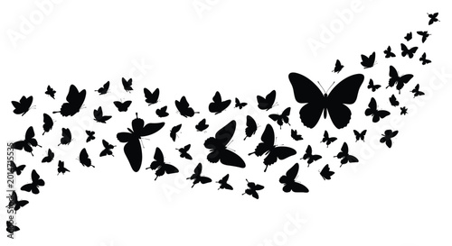 Swarm of black butterfly silhouettes flying in a graceful wave like motion across a clean white background for decorative and artistic use.