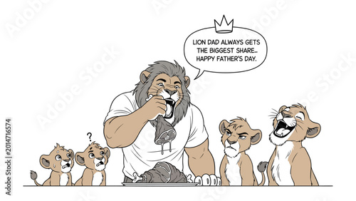 Fotografia Father Lion's Day Share: A jovial lion father presides over his cubs, declaring a biggest share on Father's Day, amidst laughter and a sense of familial camaraderie