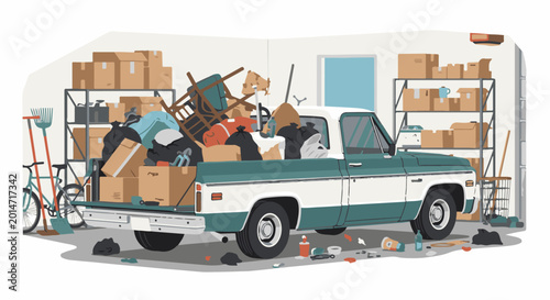 Cluttered garage with a packed pickup truck and storage shelves