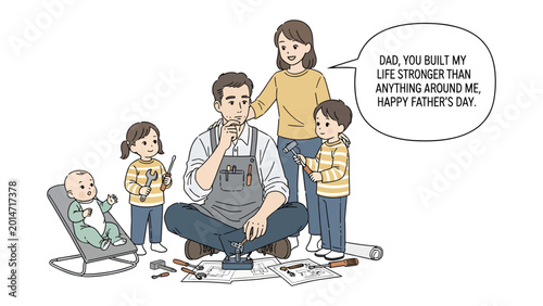 Konstfotografi Father's Day Dedication: A tender illustration depicts a father surrounded by his adoring family, conveying a heartfelt message of appreciation