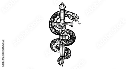 Obraz na płótnie Snake Wrapped Around Sword Emblem Black and White