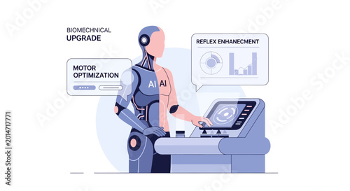 Photos AI Robot with Human Half, Biomechanical Upgrade, Motor Optimization, Reflex Enha