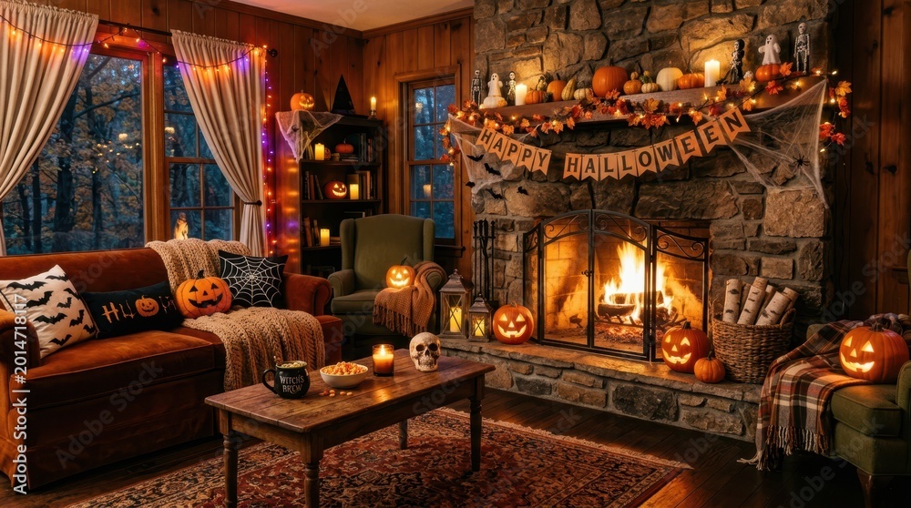 Fototapeta premium Cozy Halloween living room with fireplace and festive decorations