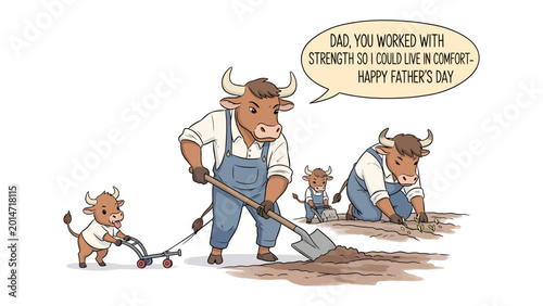 Canvas Print Father's Day Dedication: A heartwarming illustration captures a bovine family's tribute, with a father figure diligently working and his offspring acknowledging his strength