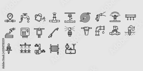 Foto Icon set collection of irrigation and water management line icons showing sprinklers, pumps, hoses, and automated garden watering systems