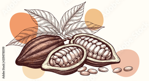 Detailed drawing of cocoa pods with one pod sliced open to reveal the beans inside amidst decorative abstract circular elements.