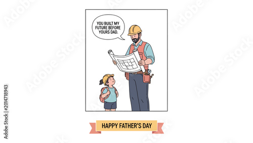 Fotografija Father's Day Dedication: A tender Father's Day moment depicted in an illustration, with a builder and his child sharing a heartfelt exchange